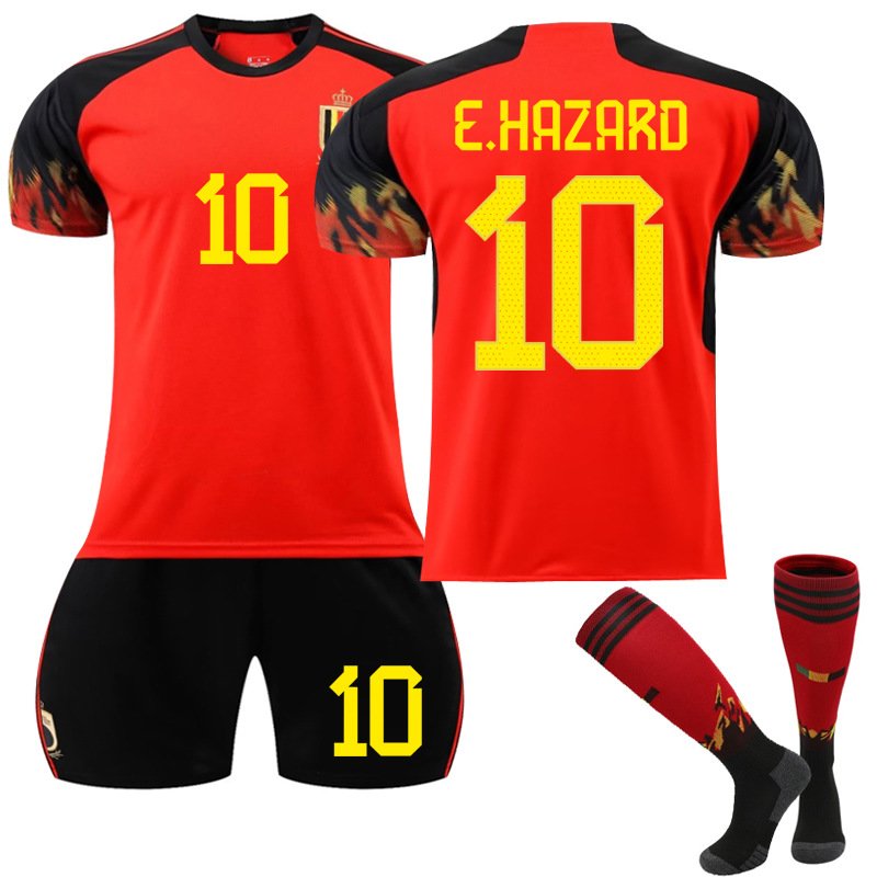 E.Hazard 10 Belgia Hjemmedrakt VM 2022 Rød Kortermet + Sort Korte bukser