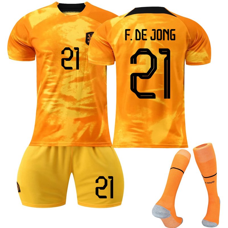 F.DE JONG 21 Nederland Hjemmedrakt FIFA VM 2022 Gull Kortermet + Korte bukser