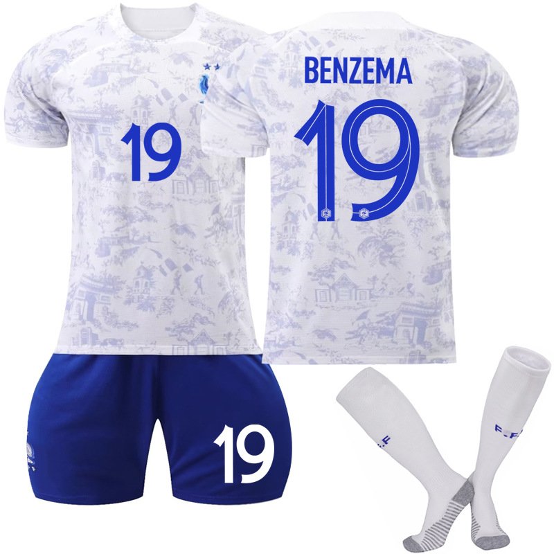 Frankrike Bortedrakt VM 2022 Hvit Kortermet + Navy Korte bukser Benzema 19