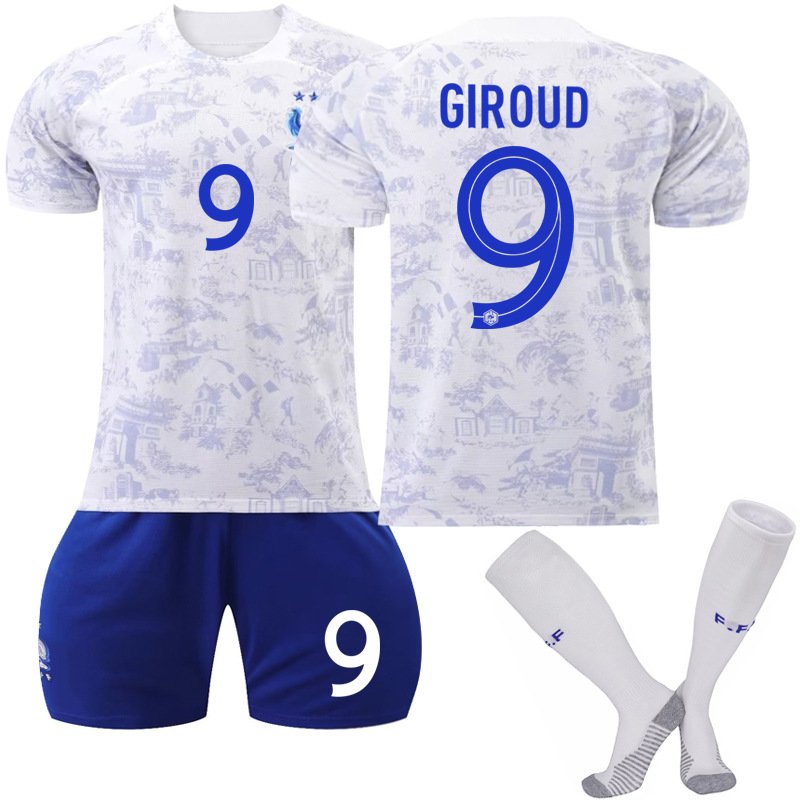 Frankrike Bortedrakt VM 2022 Hvit Kortermet + Navy Korte bukser Giroud 9
