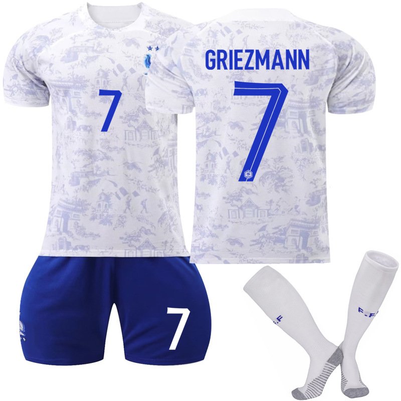 Frankrike Bortedrakt VM 2022 Hvit Kortermet + Navy Korte bukser Griezmann 7