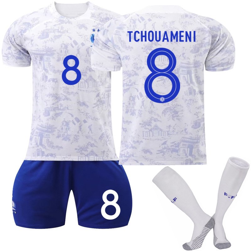 Frankrike Bortedrakt VM 2022 Hvit Kortermet + Navy Korte bukser Tchouaméni 8