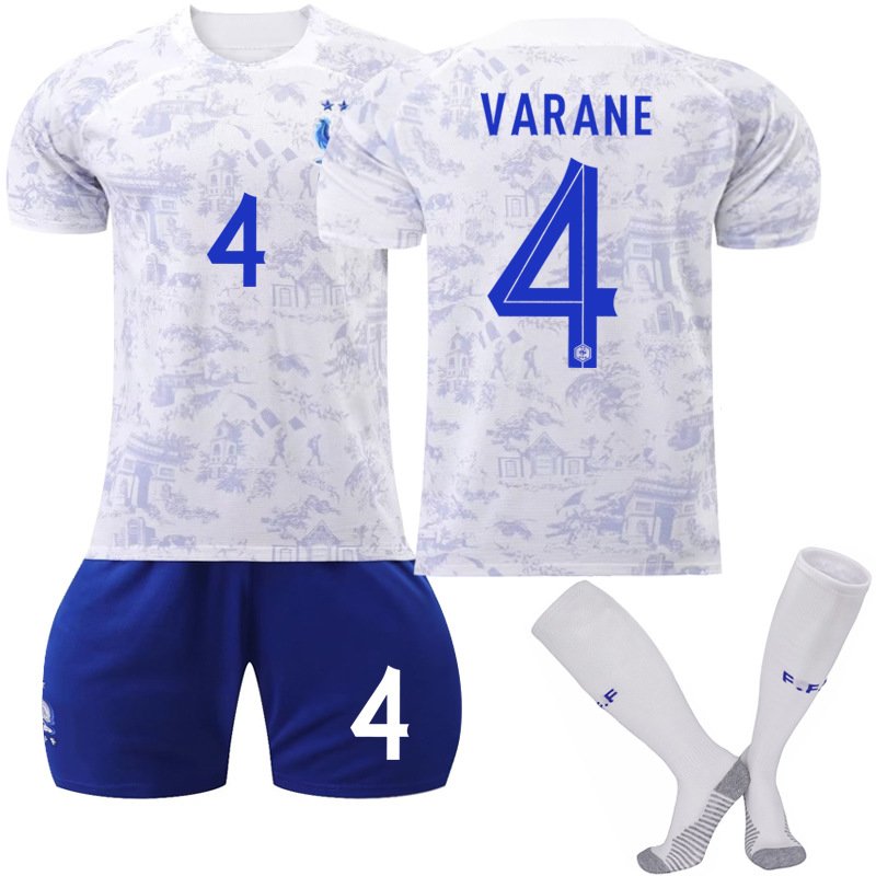 Frankrike Bortedrakt VM 2022 Hvit Kortermet + Navy Korte bukser Varane 4