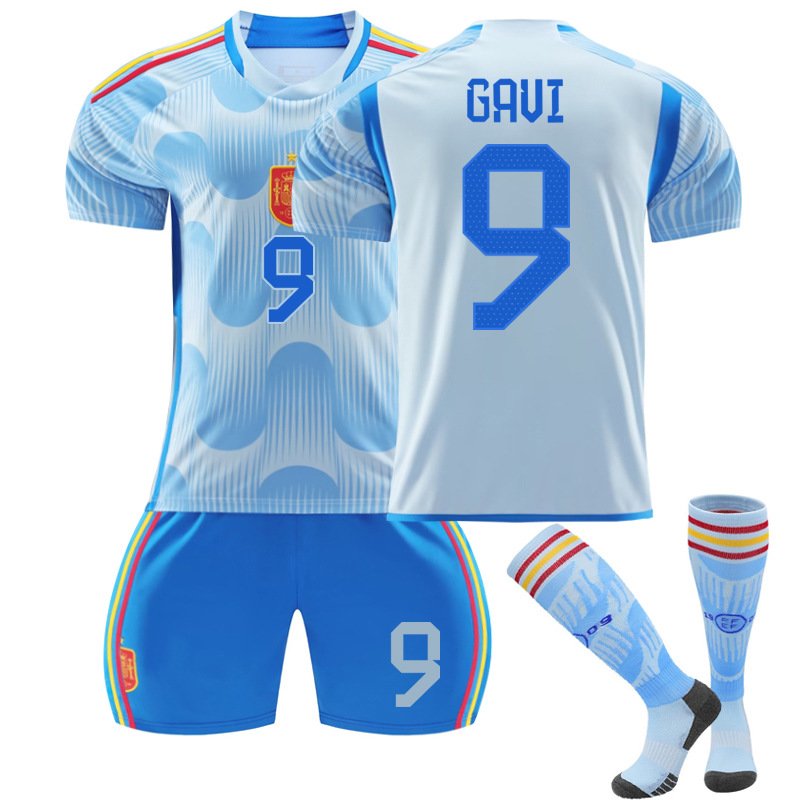 GAVI 9 Spania Bortedrakt FIFA VM 2022 Blå Kortermet + Korte bukser