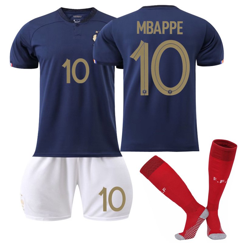 Mbappé 10 Frankrike Hjemmedrakt VM 2022 Navy Kortermet + Hvit Korte bukser