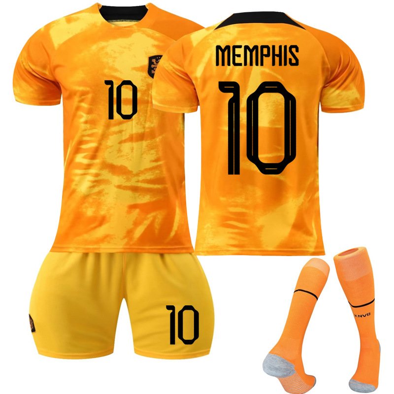 Memphis 10 Nederland Hjemmedrakt FIFA VM 2022 Gull Kortermet + Korte bukser