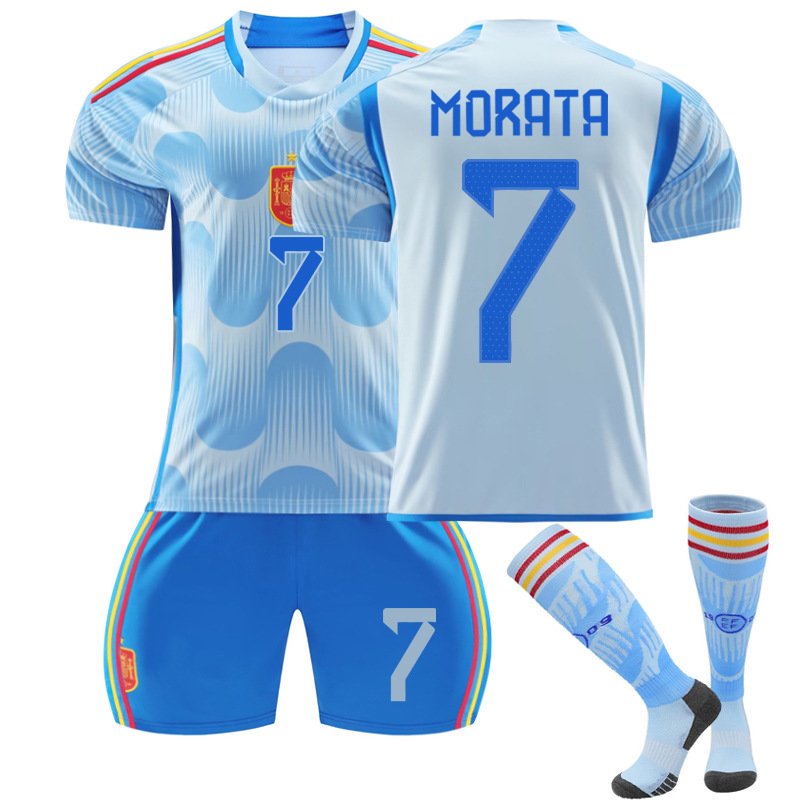 Morata 7 Spania Bortedrakt FIFA VM 2022 Blå Kortermet + Korte bukser