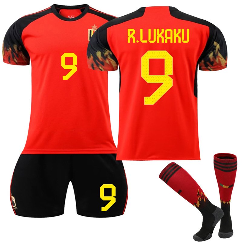 R.Lukaku 9 Belgia Hjemmedrakt VM 2022 Rød Kortermet + Sort Korte bukser