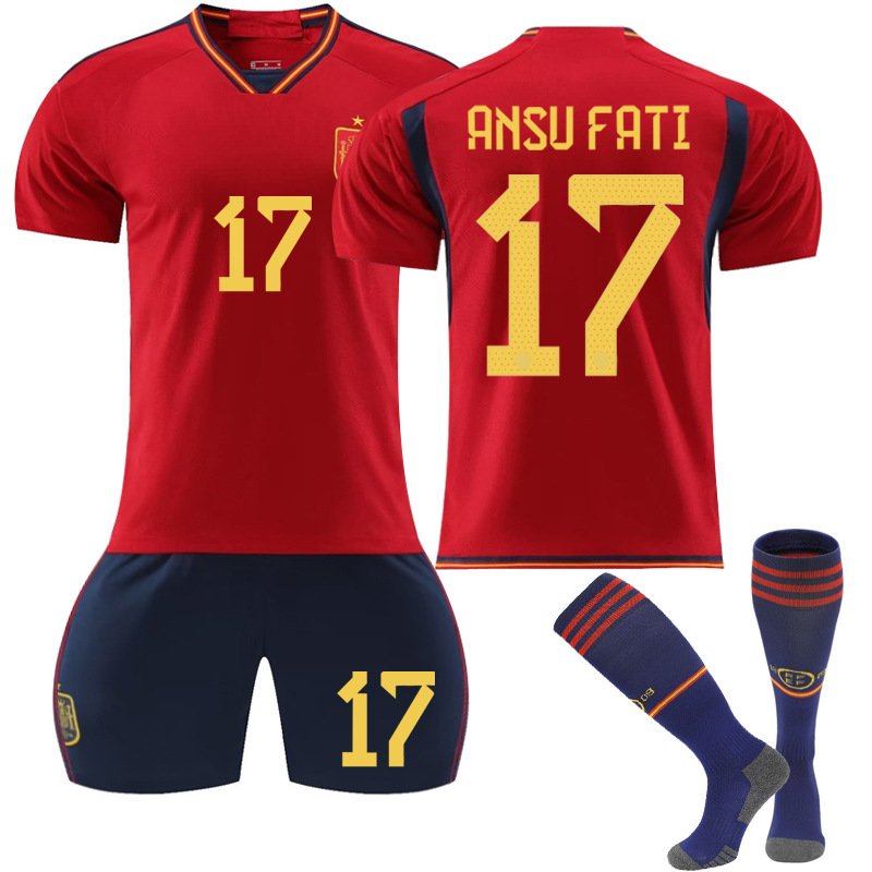 Spania Hjemmedrakt FIFA VM 2022 Rød Kortermet + Navy Korte bukser Ansu Fati 17