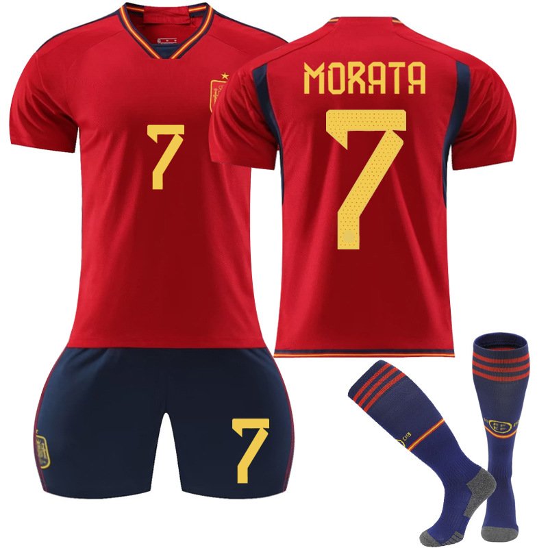 Spania Hjemmedrakt FIFA VM 2022 Rød Kortermet + Navy Korte bukser Morata 7