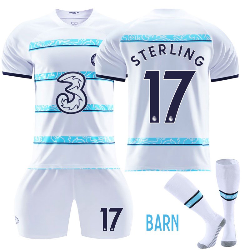 Barn Chelsea Bortedrakt 2022-23 Hvit Kortermet + Korte bukser Sterling 17