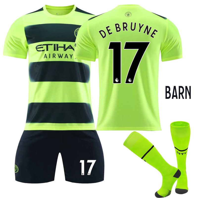 Barn Manchester City Tredjedrakt 2022/23 Grønn Kortermet + Sort Korte bukser De Bruyne 17