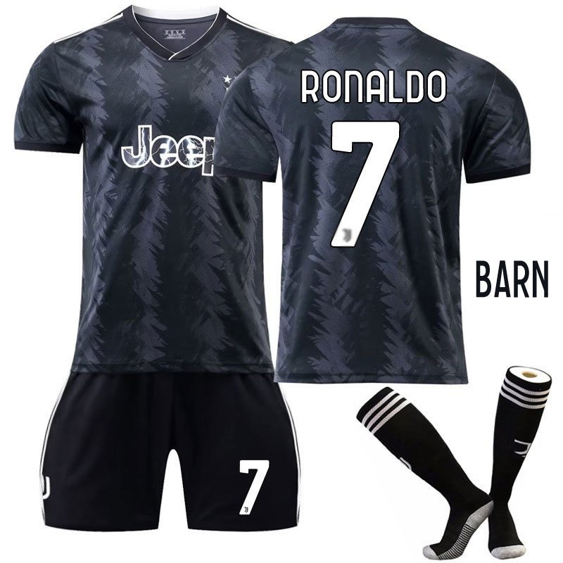 Ronaldo 7 Juventus Bortedrakt 2022/23 Sort Kortermet + Korte bukser Barn