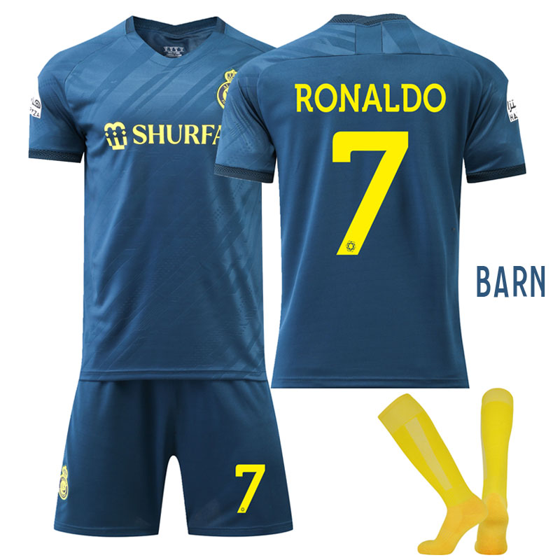 Ronaldo #7 Al Nassr Bortedrakt 2022-23 Kortermet + Korte bukser draktsett til barn