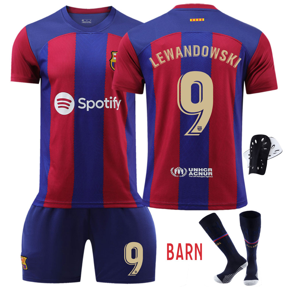 Barn Fotball draktsett FC Barcelona Hjemmedrakt 2023/24 Kortermet + Korte bukser Lewandowski 9