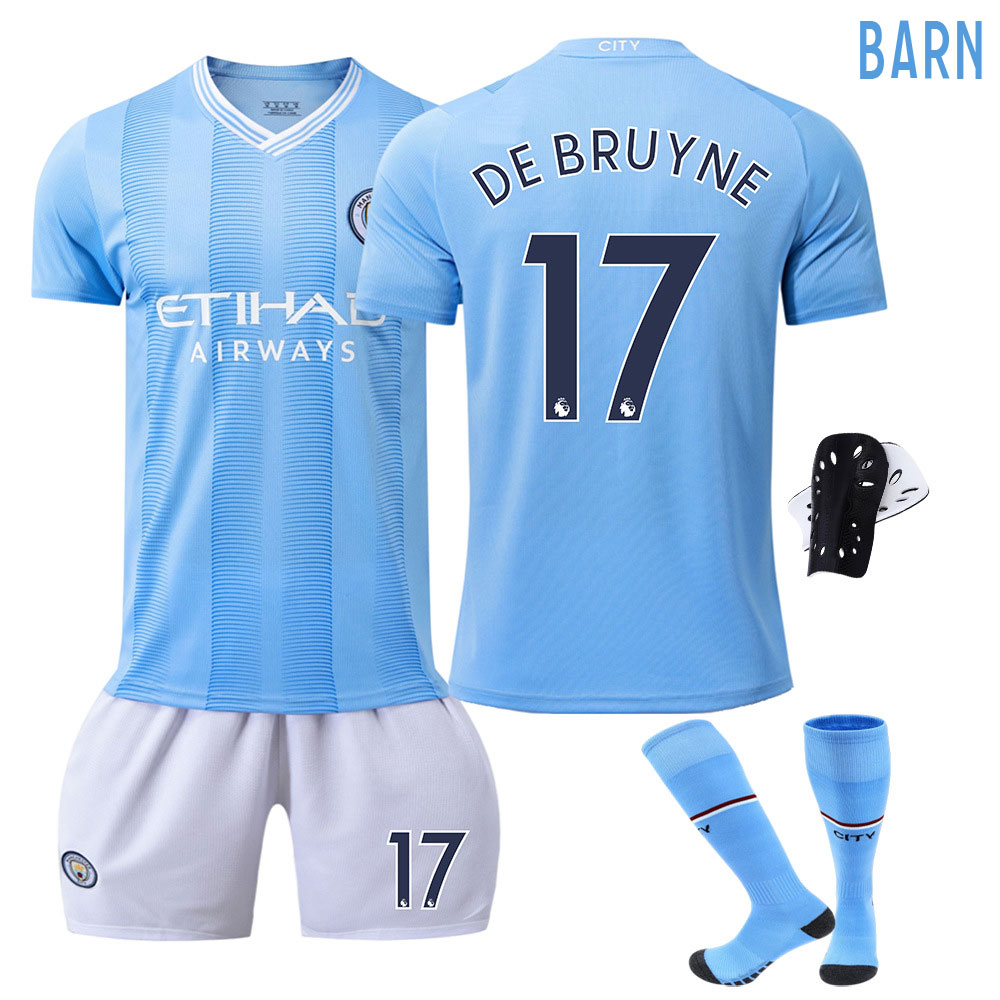 Barn Manchester City Hjemmedrakt 2023/24 Blå Kortermet + Hvit Korte bukser De Bruyne #17