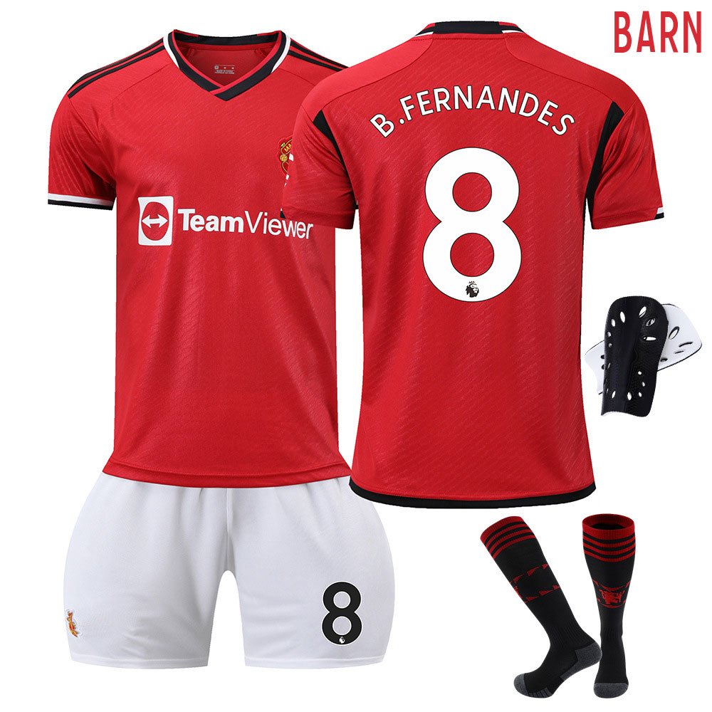 Barn Manchester United Hjemmedrakt 2023/24 Rød Kortermet + Hvit Korte bukser B.Fernandes #8