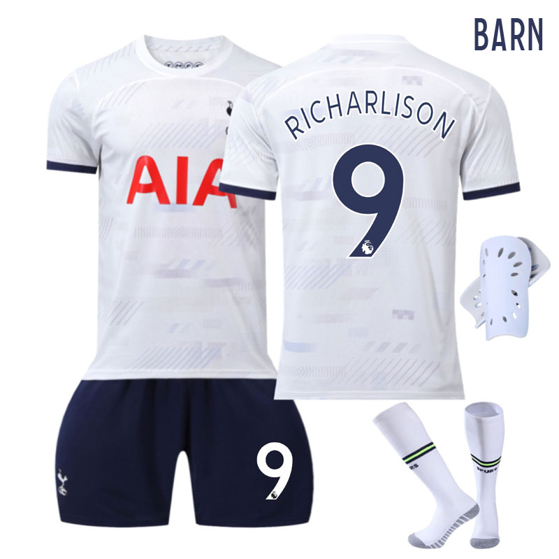 Barn Tottenham Hotspur Hjemmedrakt 2023/24 Hvit Kortermet + Sort Korte bukser Richarlison 9