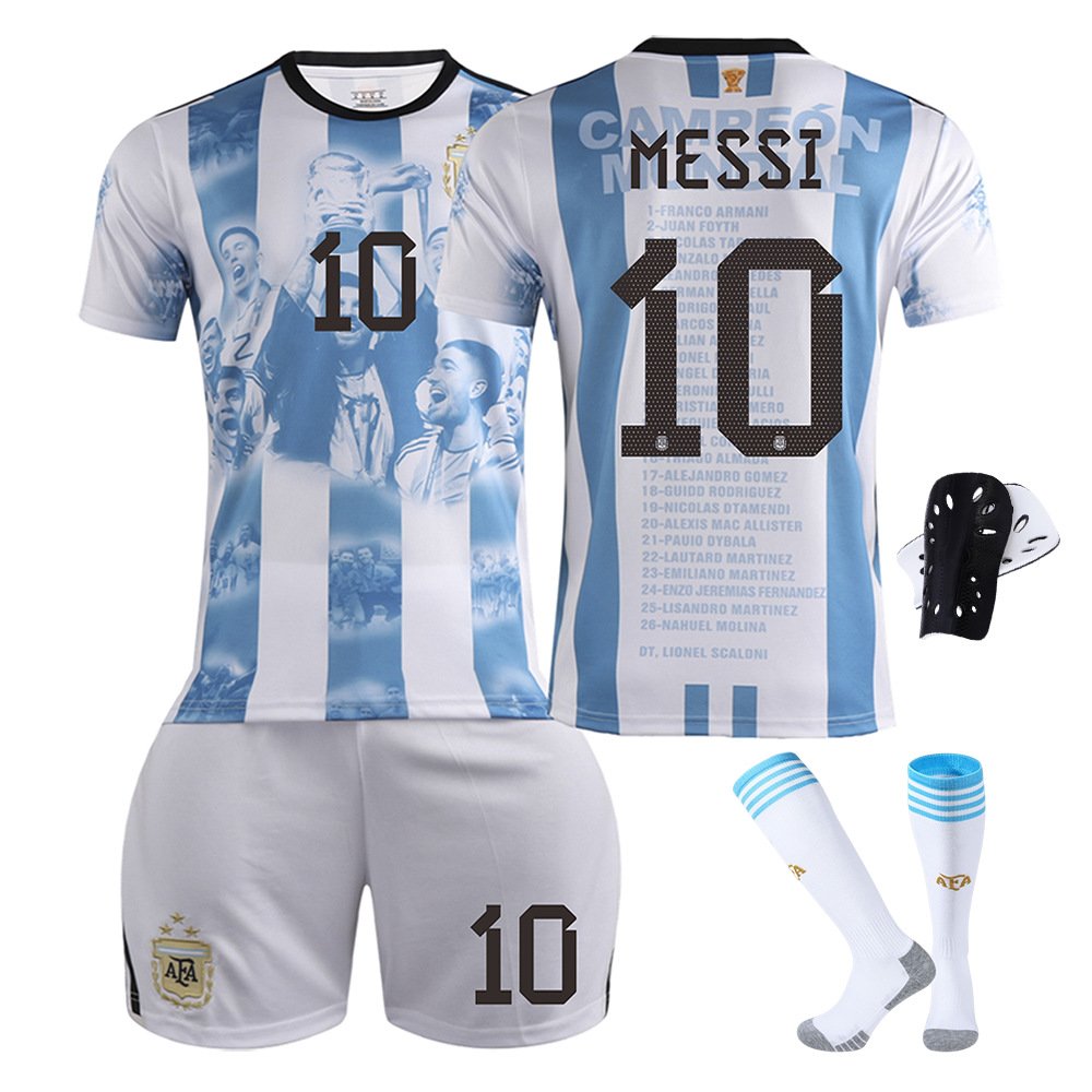 Fotballdrakt Argentina Campeón del Mundial de Qatar 2022 Kortermet + Korte bukser MESSI #10