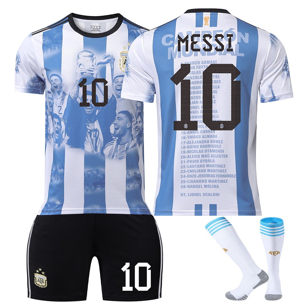 Fotballdrakt MESSI #10 Argentina Campeón del Mundial de Qatar 2022 Kortermet + Sort Korte bukser