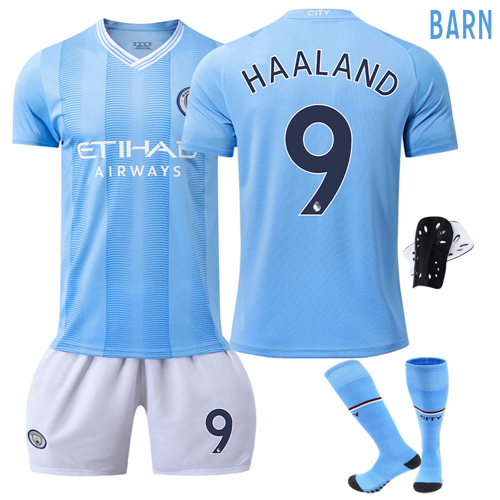 Manchester City Hjemmedrakt 2023/24 Blå Kortermet + Hvit Korte bukser Haaland #9