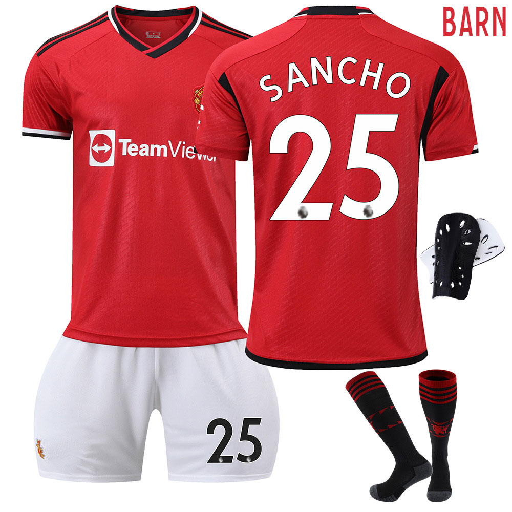 Manchester United Barn Hjemmedrakt 23/24 Rød Kortermet + Hvit Korte bukser Sancho #25