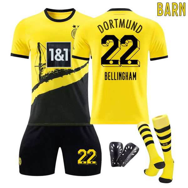 Barn Borussia Dortmund Hjemmedrakt 2023/24 Gul Kortermet + Sort Korte bukser Bellingham #22