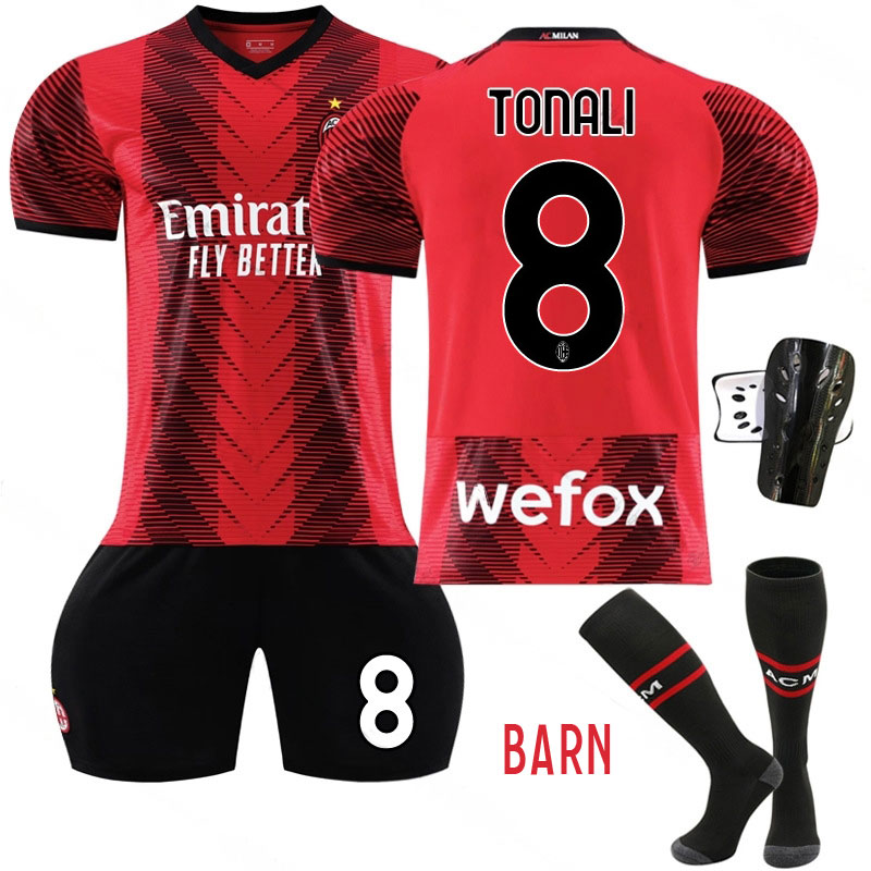 Billige Fotballdrakter Barn AC Milan Hjemmedrakt 2023-2024 Rød Kortermet + Sort Korte bukser Tonali #8
