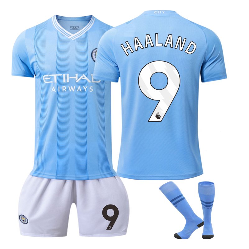 Erling Haaland 9 Manchester City Herre Hjemmedrakt 2023/24 Blå Kortermet + Hvit Korte bukser