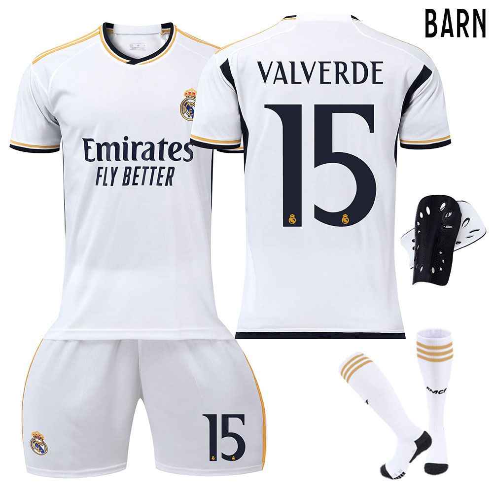 Fotballdrakter VALVERDE #15 Real Madrid Barn Hjemmedrakt 2023-2024 Kortermet + Korte bukser