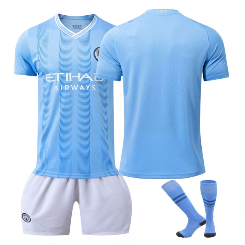 Herre Fotballdrakter Manchester City Hjemmedrakt 2023/24 Blå Kortermet + Hvit Korte bukser