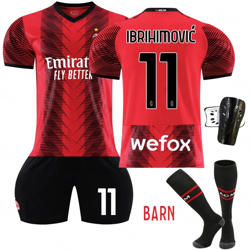 Ibrahimović #11 AC Milan Hjemmedrakt 2023/24 Rød Kortermet + Sort Korte bukser Barn