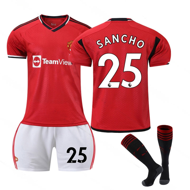 Sancho #25 Manchester United Herre Hjemmedrakt 2023/24 Röd Kortermet + Vit Korte bukser
