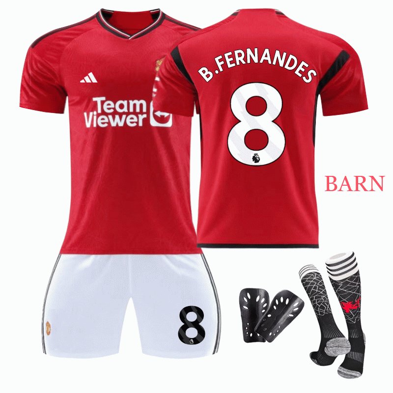 Fotballdrakter B.Fernandes #8 Man Utd Hjemmedrakt 2023/24 Rød Kortermet + Hvit Korte bukser Barn