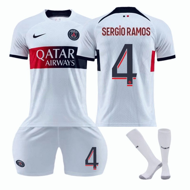 Paris Saint-Germain Herre Bortedrakt 23/24 Hvit Kortermet + Korte bukser Sergio Ramos #4