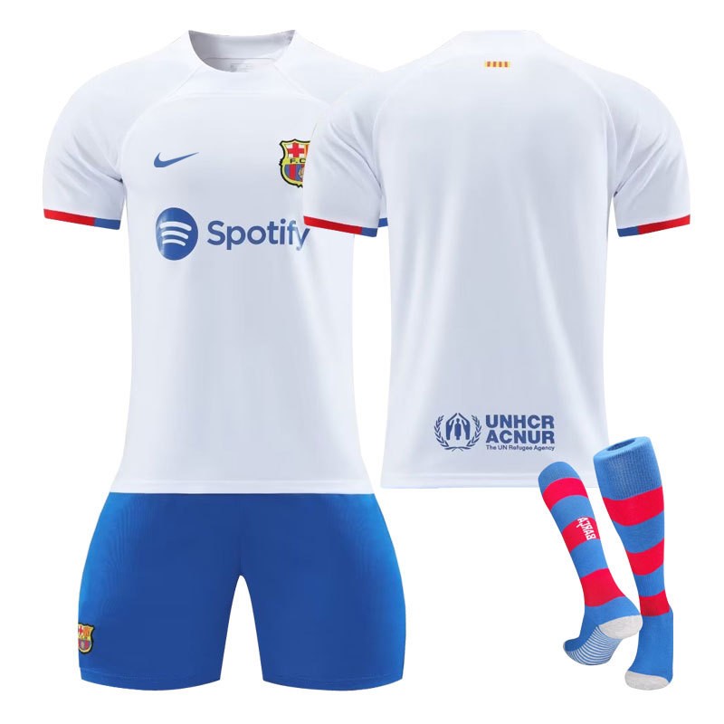 Billige Fotballdrakter Herre Barcelona Bortedrakt 2023/24 Hvit Kortermet + Blå Korte bukser