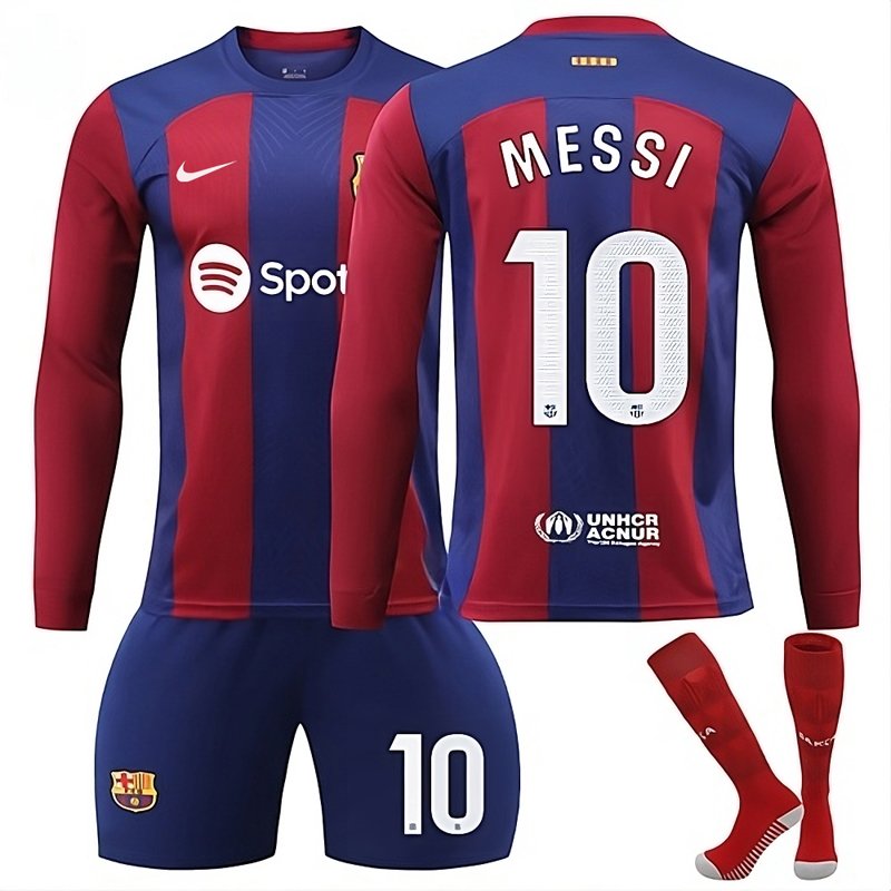 Barn Fotballdrakter Messi 10 Barcelona Hjemmedrakt 23/24 Langermet + Korte bukser