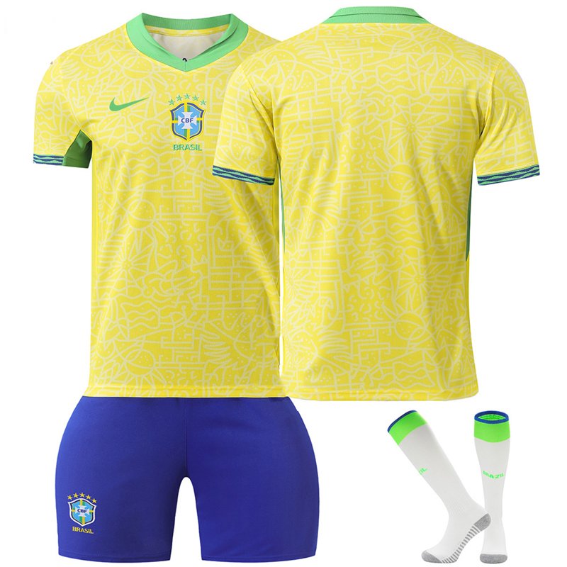 Brasil Hjemmedrakt 2024 Gul Kortermet + Blå Korte bukser