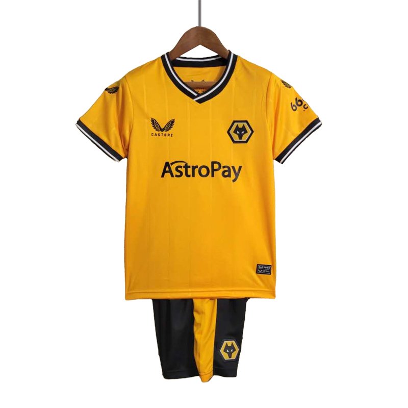 Castore Wolves Barn Hjemmedrakt 2023-24 Gul Kortermet + Sort Korte bukser