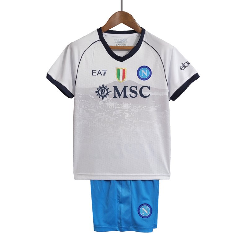 SSC Napoli Barn Bortedrakt 2023-24 Hvit Kortermet + Blå Korte bukser