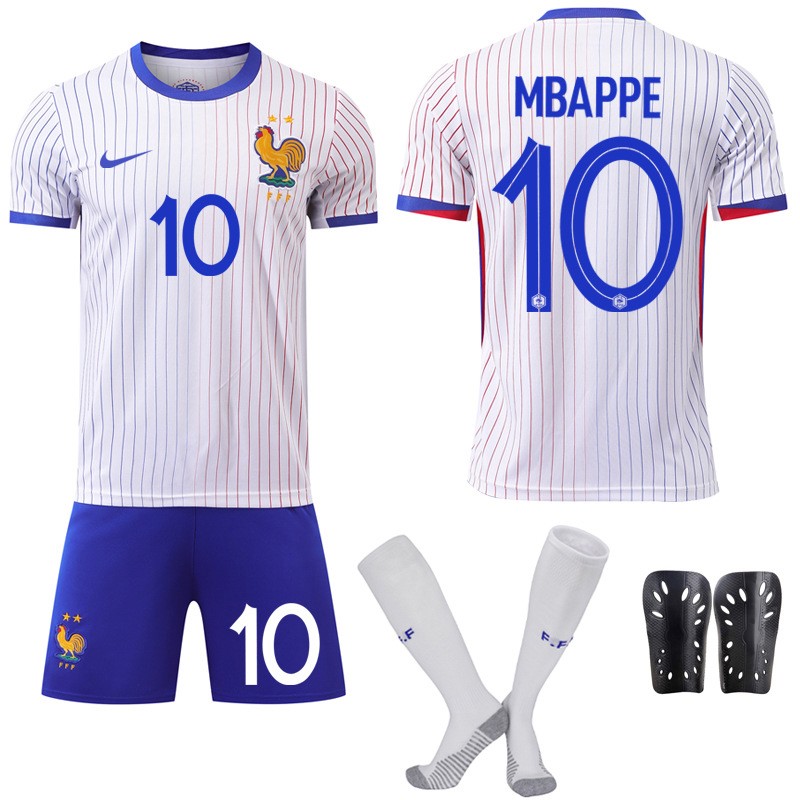 Frankrike Bortedrakt EURO 2024 Hvit Kortermet + Blå Korte bukser Mbappé 10