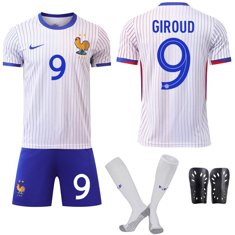 Giroud 9 Frankrike Bortedrakt EURO 2024 Hvit Kortermet + Blå Korte bukser