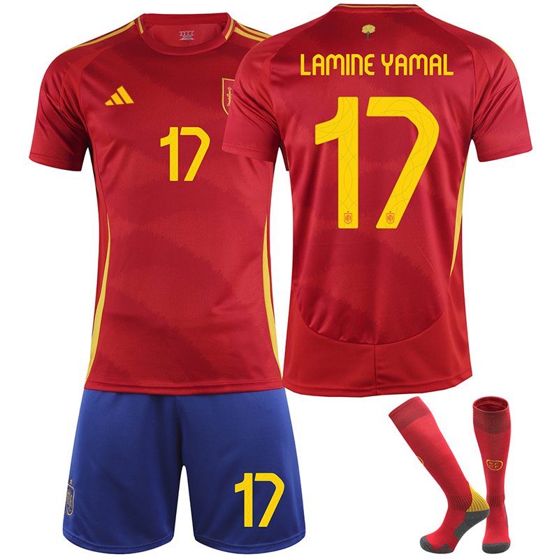 Lamine Yamal 17 Spanias Rød Hjemmedrakt EURO 2024 og Matchende Korte Bukser