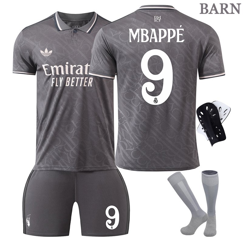 2024/25 Real Madrid Grå Tredjedrakt Barn Draktsett Med Mbappé 9 trykk
