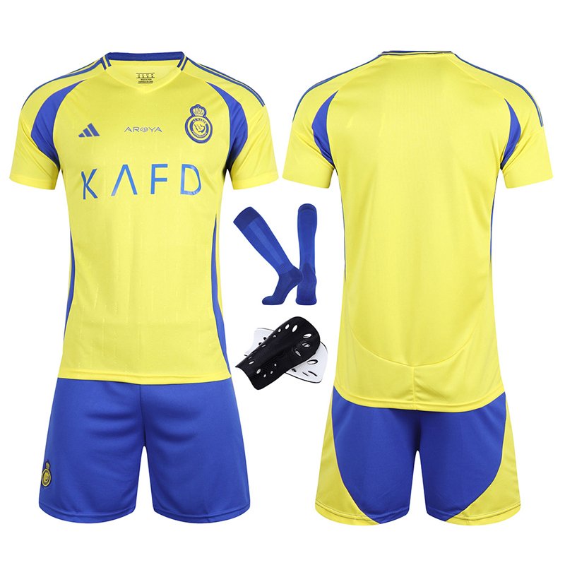 Barn Fotballdrakt sett Al-Nassr FC Hjemmedrakt 24/25 gul Kortermet + Blå Korte bukser