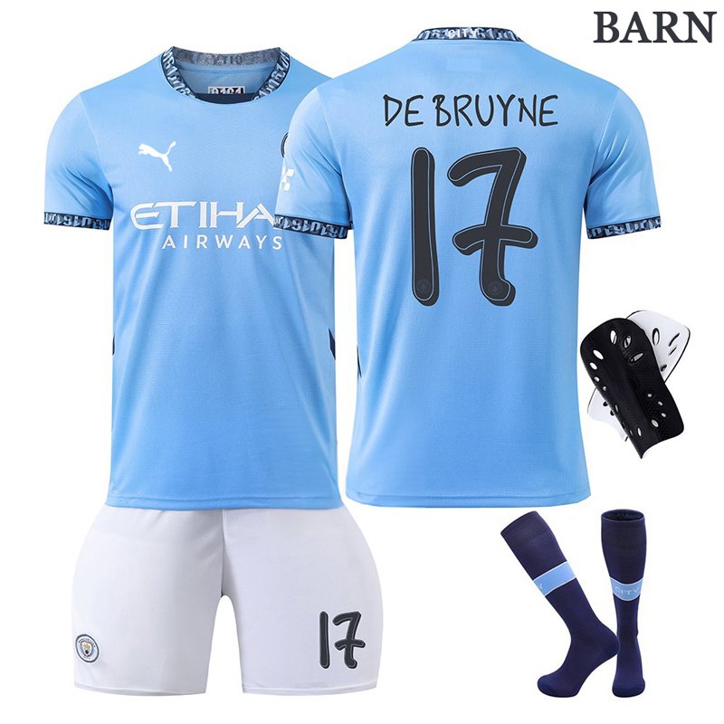 Offisiell Cup Konkurranse Navn og Nummer for Man City 24/25 Barn Hjemmedrakt - De Bruyne 17