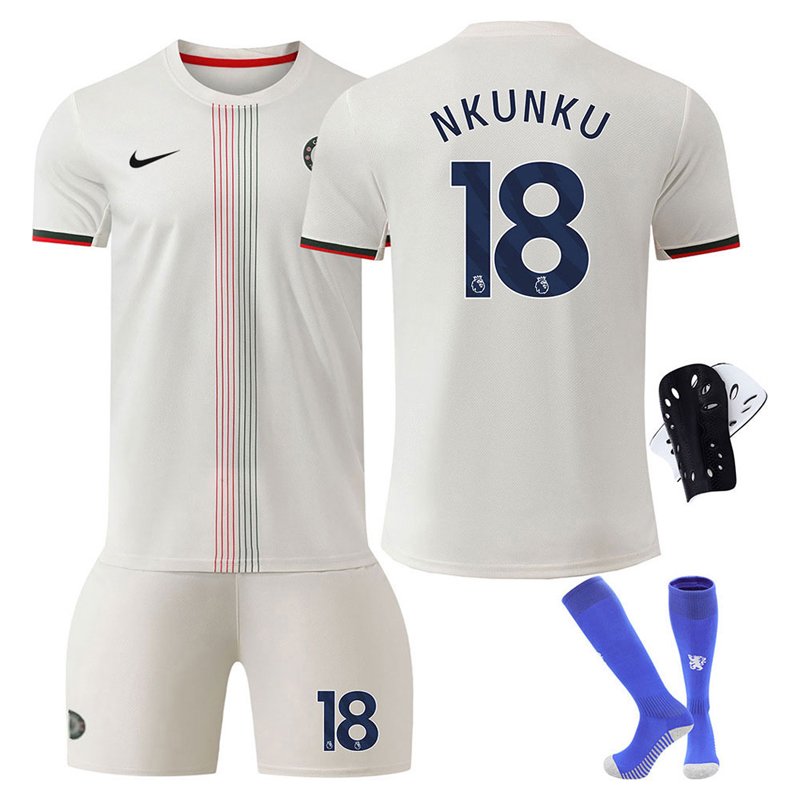 Chelsea bortedrakt 2025-2026 barn med Nkunku 18 og fotballshorts