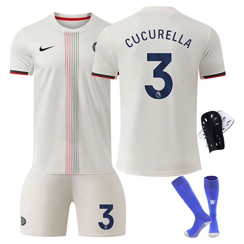 Fotballdrakt Cucurella #3 Chelsea barn 2025-26 bortetrøye og matchende shorts