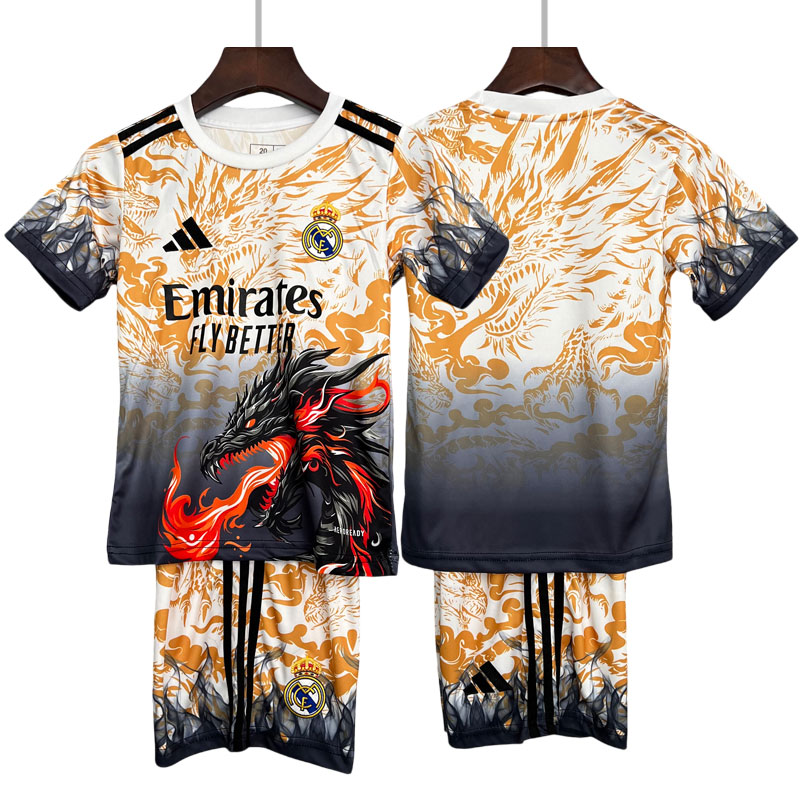Fotballdrakt Real Madrid 2025/26 barn spesialdrakt svart-gull trøye og shorts med dragedesign