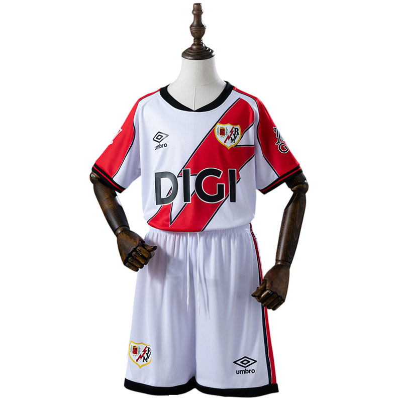 Rayo Vallecano 2025/26 hjemmedrakt for barn - hvit fotballdrakt med rød stripe